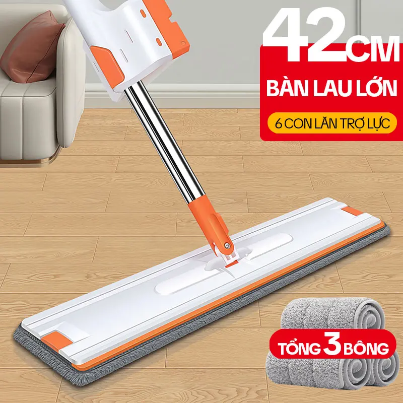 Cây Lau Nhà Tự Vắt KITIMOP WHITE 42CM, Chổi Lau Nhà Tự Vắt Thông Minh Xoay 360 Độ, 3 Bông Lau (KHÔNG KÈM XÔ)
