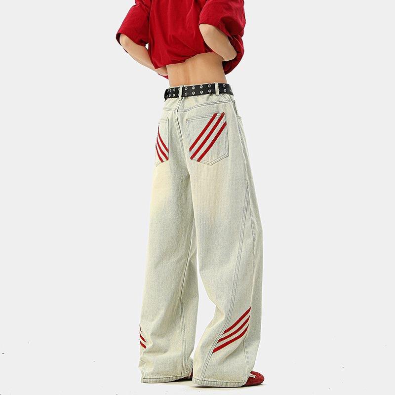 KEYINGNG Quần Jean Ống Rộng, Phong Cách Mỹ, Thiết Kế Kẻ Sọc Cổ Điển Màu Sáng, Quần Lau Nhà Thẳng thụng Dáng Rộng Mùa Xuân Cho Nam