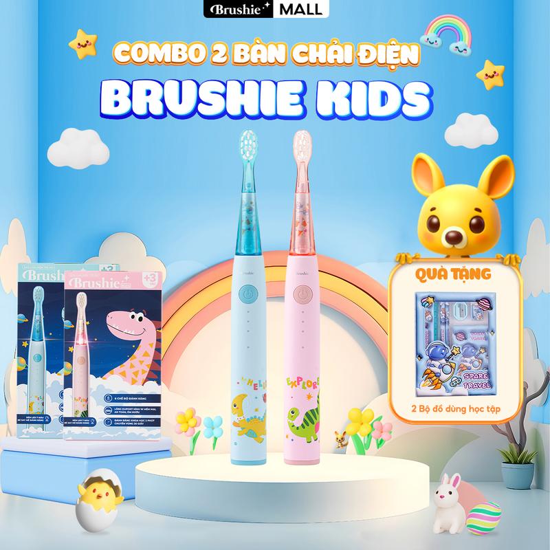 [QUÀ TẶNG CHO BÉ] Combo 2 Bàn chải điện trẻ em Brushie Kids đầu lông bàn chải mềm mại an toàn cho bé - TẶNG 2 KEM ĐÁNH RĂNG + 2 KẸP KEM ĐÁNH RĂNG