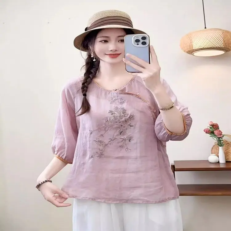 Áo Sơ Mi Ramie Thêu Khóa, Phong Cách Thanh Lịch, Dành Cho Mùa Hè Của Phụ Nữ, Hàng Mới Về, Dáng Rộng Vừa Vặn, Cổ Tròn Và Cổ Áo Nghiêng, Áo Khoác Trà Dáng Rộng