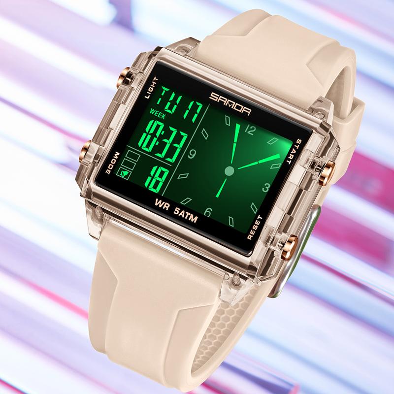 Đồng Hồ Chronograph Phân Đoạn Vỏ Trong Suốt Hình Vuông, SANDA 6273, Không Thấm Nước, Mặt Số Lớn, Đồng Hồ Điện Tử Thể Thao Kỹ Thuật Số