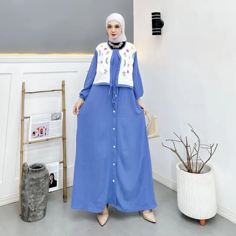 Gamis Rompi Bordir Wanita Terbaru Gamis Crinkle Airflow Pakaian Muslim Mewah 4