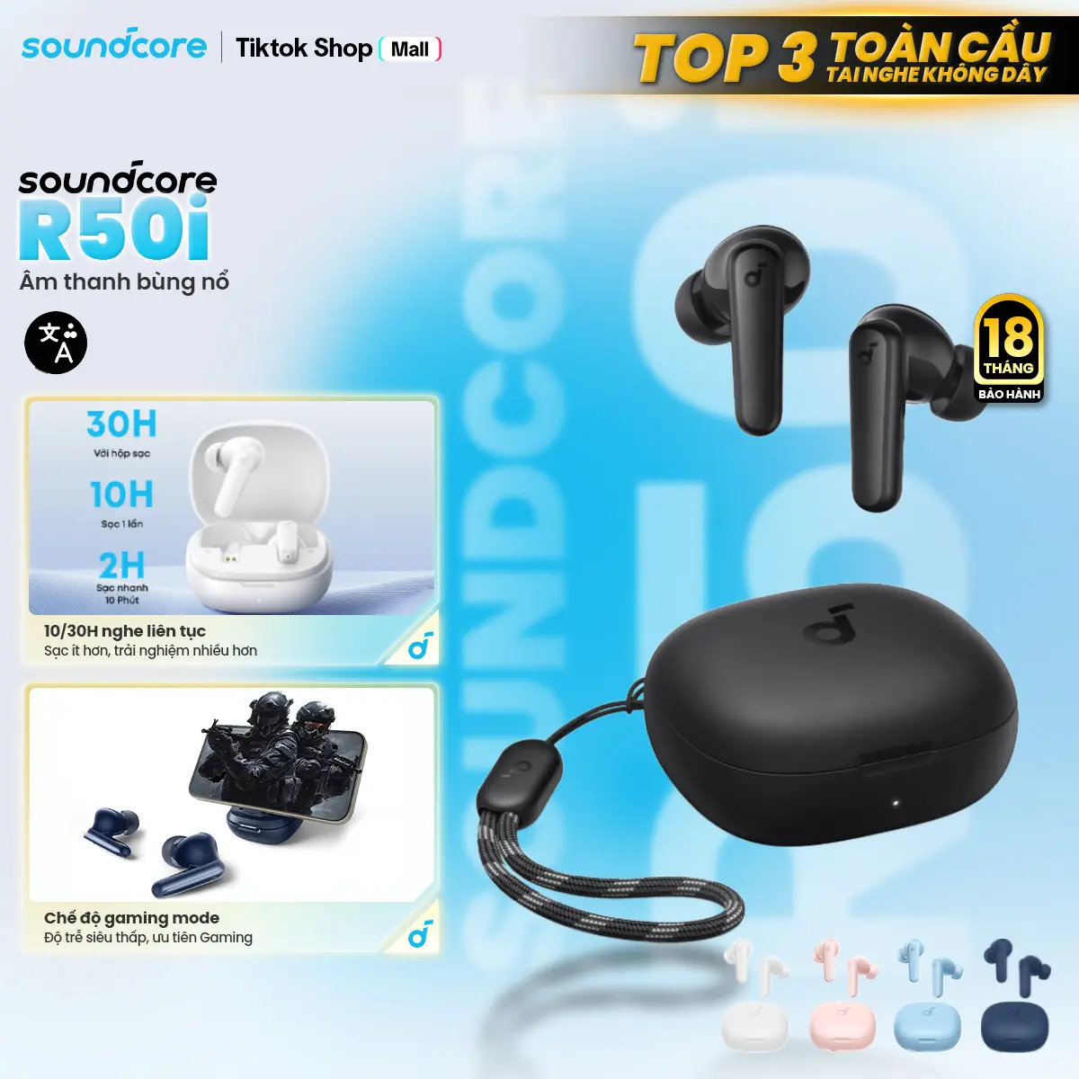 Tai nghe bluetooth Soundcore R50i (P20i) siêu nhỏ gọn | 30 giờ phát nhạc | Chống nước IPX5- Tai nghe không dây- Tai nghe bluetooth pin trâu-Bảo hành 18 tháng- Hàng chính hãng | BigBuy360 - bigbuy360.vn