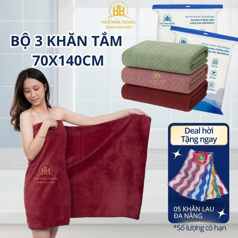KOL KOC Combo 3 Khăn Tắm 70x140cm Huy Hoà Towel. Sợi Lông Cừu Microfiber Mềm Mịn Thấm Hút Nước Không Ra Màu Không Sổ Lông Nhà Tắm Phòng Tắm