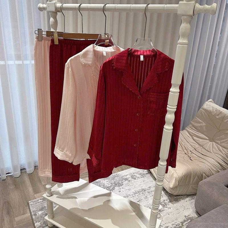 N415- Pijama dài tay lụa tơ cao cấp viền sọc cho nữ- Bộ ngủ mặc nhà hàng quảng châu cao cấp cho nữ women