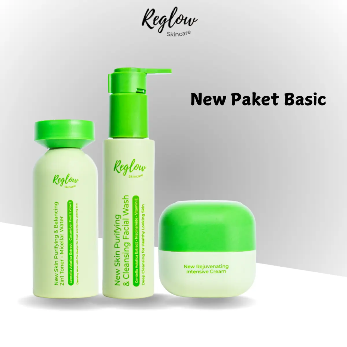 Reglow New Paket Basic Skincare Facial Wash Toner&Micellar Water Day Cream Krim Siang