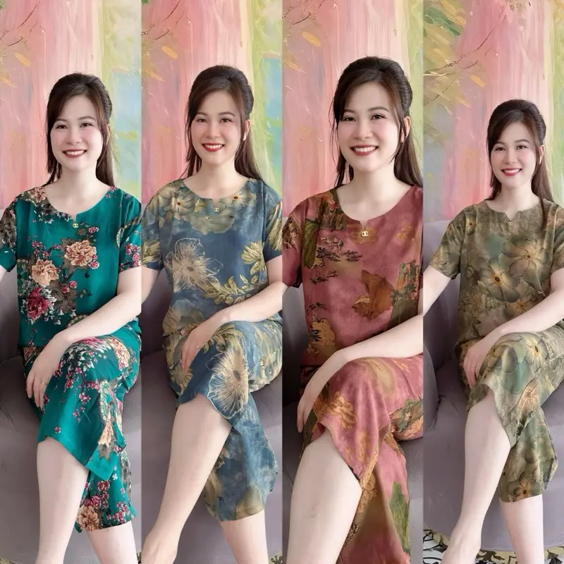 Đồ Bộ Trung Niên Tặng Mẹ-Hoa Lá Mẫu mới Hót 2025-(Tay Cộc ,Quần Lửng)