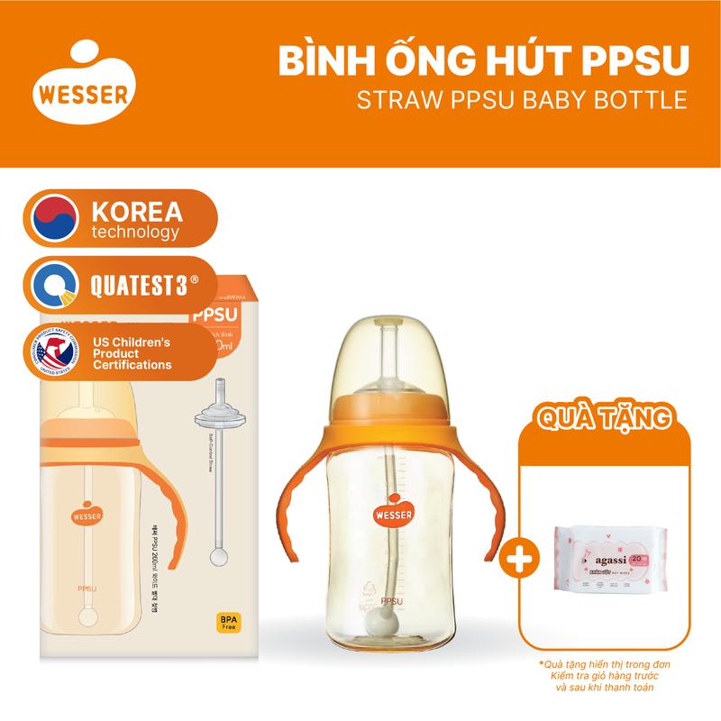 Bình Ống hút PPSU Wesser 260ml cho bé - dùng từ 6 tháng, chất liệu silicone an toàn, không chứa BPA