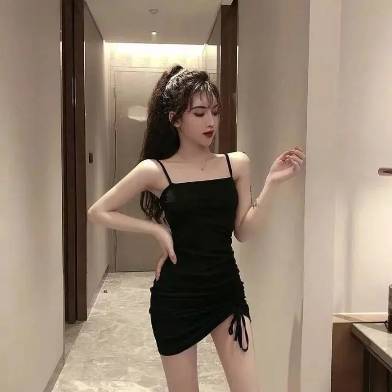 Dress Mini Sexy Tali Serut Ruffle Bodycon Korean Style Kasual off Shoulder Spandek Premium 3