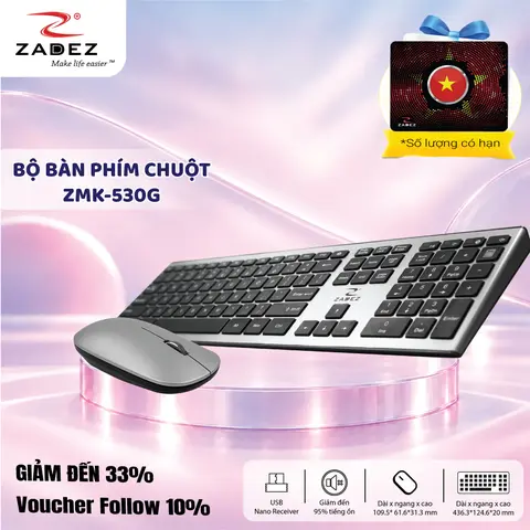 Combo bàn phím chuột không dây ZADEZ ZMK-530G – Silent 104 phím, phím tách rời Chiclet, chuột quang 1200 DPI