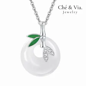 Ché & Via - Kalung Giok Putih Titanium Bambu Kupu Keberuntungan Fu Imlek Anti Karat & Hypoallergenic Jade Necklace Adjustable