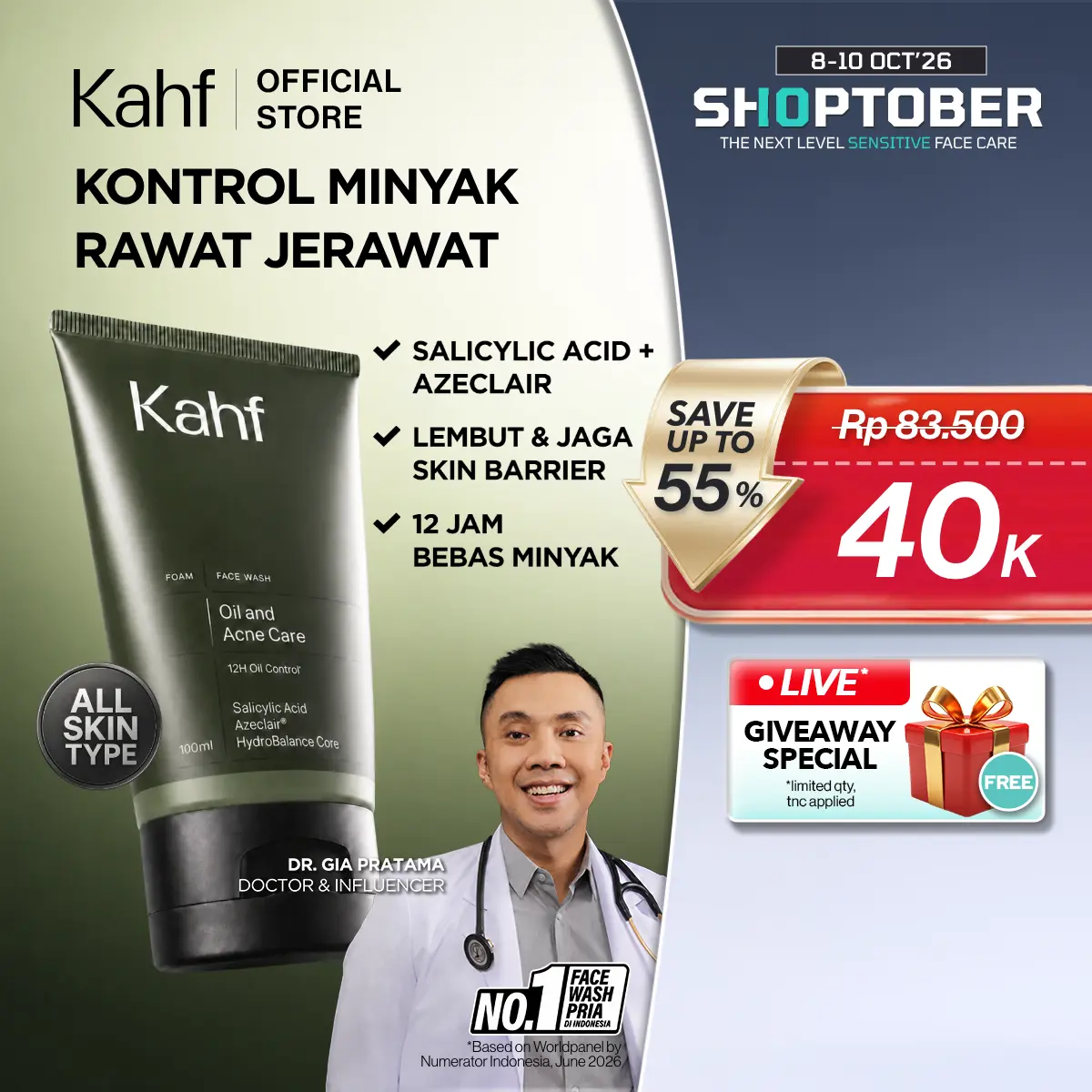 Kahf Face Wash Oil and Acne Care 100 ml - Sabun Cuci Muka Pria untuk Membantu Lawan Jerawat dan Kontrol Minyak - Daily Use, Salicylic Acid, Hilangkan Prone, Bekas Beruntusan, Hydrating, Calm, Menenangkan, Hydration, Control