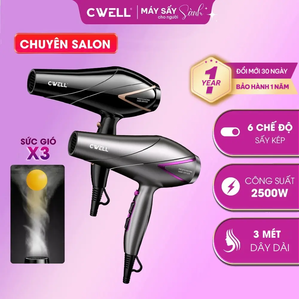 Máy sấy tóc CHUYÊN SALON CWELL, 6 chế độ sấy kép, động cơ xoay chiều AC siêu khoẻ, công suất lớn 2500W hệ thống kiểm soát nhiệt hiện đại, dây điện dài 3M - KÈM ĐẦU SẤY C09HD Women Nữ