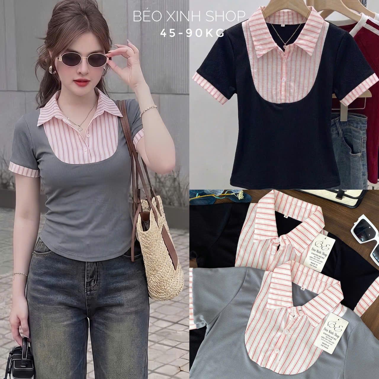 Thời Trang Bigsize Áo Thun Polo Phối Sọc Cotton Cao Cấp Thanh Lịch Vải Thun Gân Tăm Bigsize Từ 45 - 90Kg Dễ Thương Top Nữ Women - B.1773
