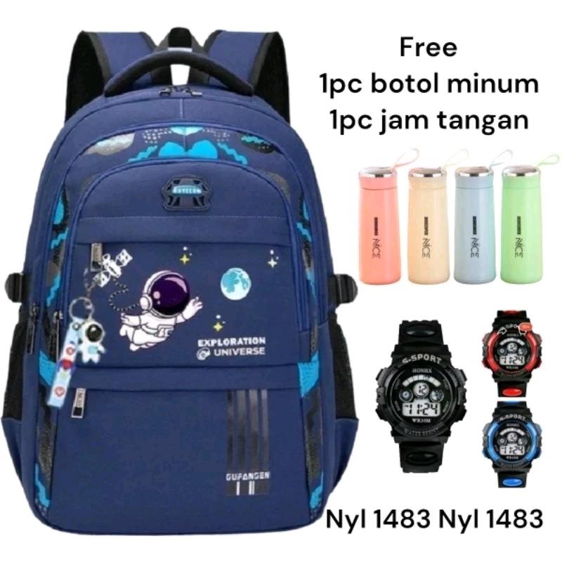 Tas ransel anak sekolah SD motif astronot gratis botol dan jam Tas Punggung sekolah 0