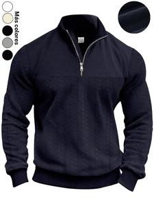 Suéter de hombre de color sólido con media cremallera y cuello alto, versión regular de suéter casual de manga larga, tela cómoda, cálida, adecuada para otoño e invierno, atuendo diario para hombre.