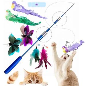 7本セット カラフルな羽のキャットティーザーワンド、インタラクティブで伸縮性のあるフィッシングロッド型猫用おもちゃ、猫の楽しい遊びタイム