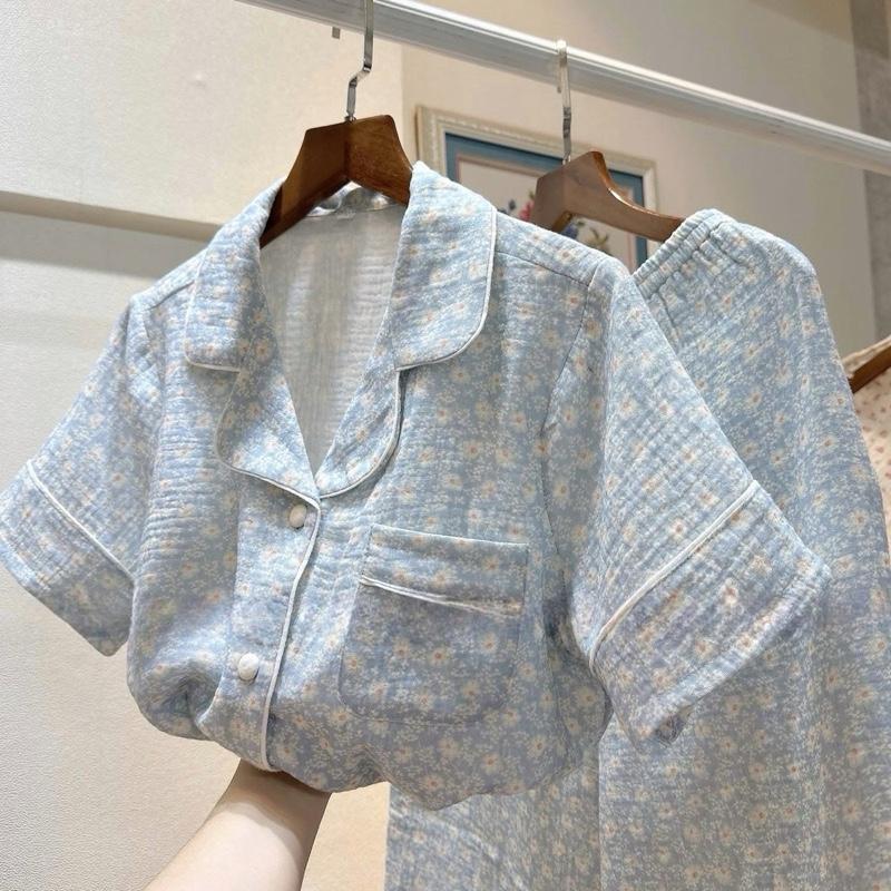 Pijama tay ngắn quần dài - Set đồ ngủ nữ mặc nhà hoạ tiết nữ tính chất liệu xô Muslin cao cấp 