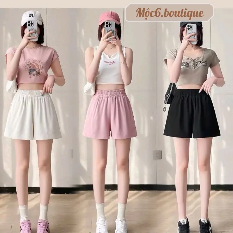 Quần Short Đùi Nữ Ống Rộng Cạp Chun Màu Hồng Đen Kem