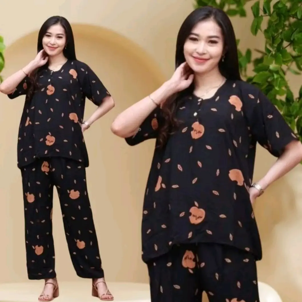 Setelan Cp Baju Tidur Santai Kekinian Lengan Pendek Kancing Depan/Resleting Busui Friendly Rayon Piyama Daster Celana Panjang Wanita