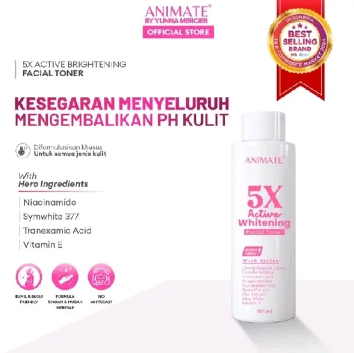 Toner Wajah Animate 5x Aktif Pemutih 100ml - Acid, Mencerahkan, Aging, Hitam, Hyaluronic, Hydrating