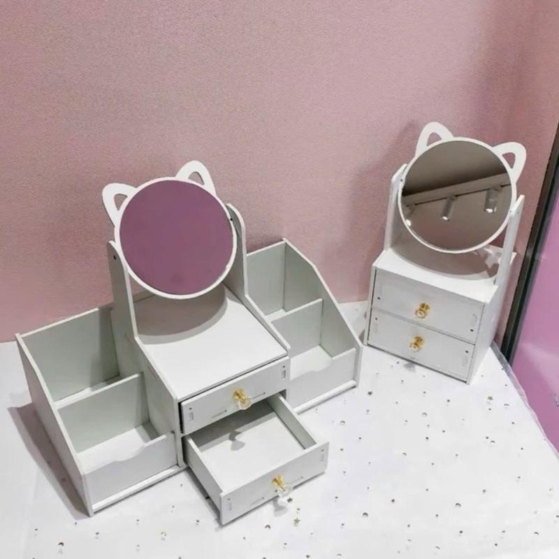 Kệ mỹ phẩm mini tủ đựng trang sức hình mèo kệ mỹ phẩm 2 tầng 4 ngăn có gương tai mèo để bàn xinh