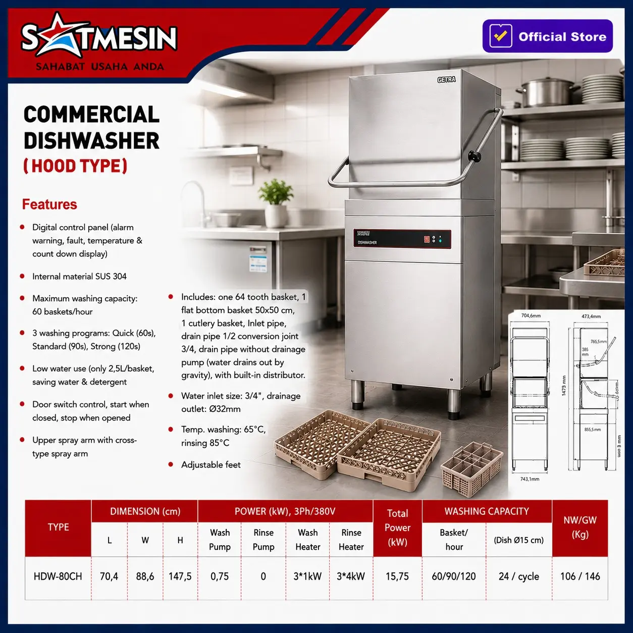 NEW HDW-80CH COMMERCIAL DISHWASHER GETRA