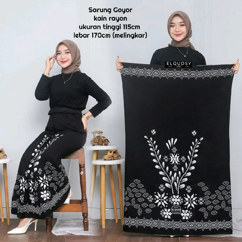 Afi.id • Sarung santri Mbak santri  Remaja Putri Bahan Rayon Sarung Goyor Printing Hitam Motif Bunga Wanita Muslim Adem Lembut Nyaman dipake seharian (COD) Batik Dewasa Pekalongan 8