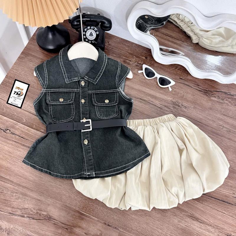   Lumy  Tặng kèm đai lưng Sét áo jean kèm quần bí cho bé Gái chất liệu Jean mềm đủ size 8-35kg   Jean 9 quần bí kèm đai  