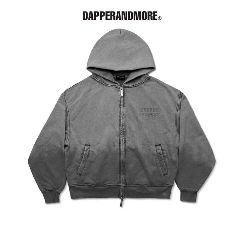 Áo Khoác Hoodie Zip Nam Logo Nổi Vải Nỉ Nhuộm Màu 450GSM Màu Xám Nhạt