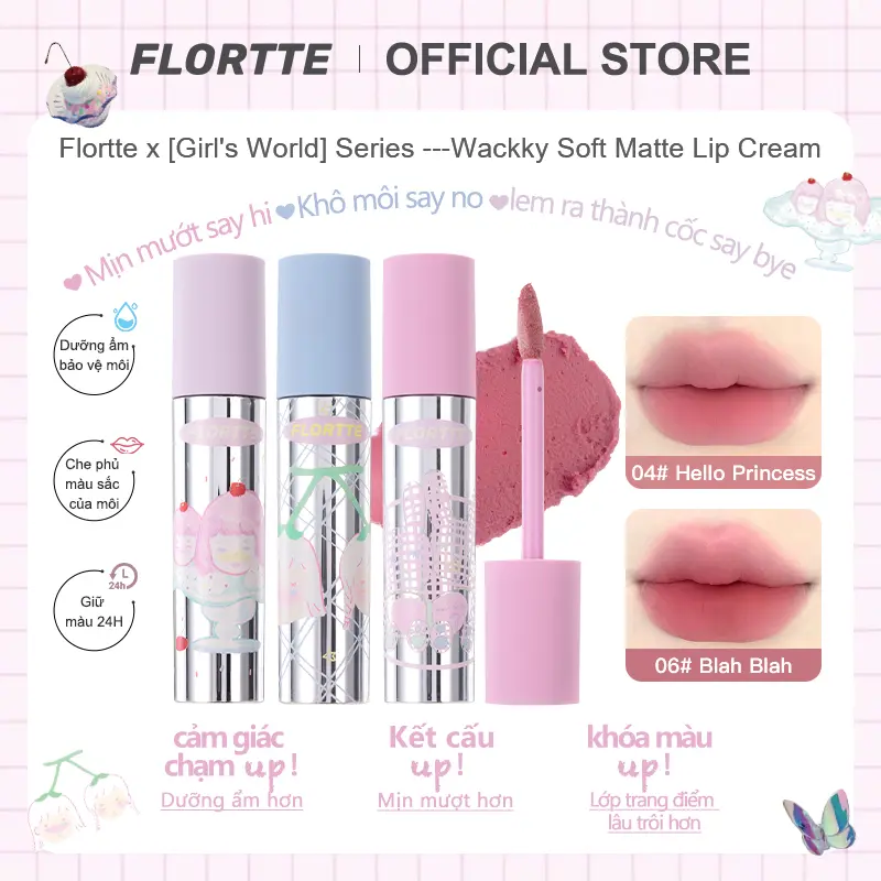 Son kem Flortte x [Girl's World] Serie --- bóng mờ，không lem，nữ tính，lâu trôi，6 màu để chọn lựa，2.3g
