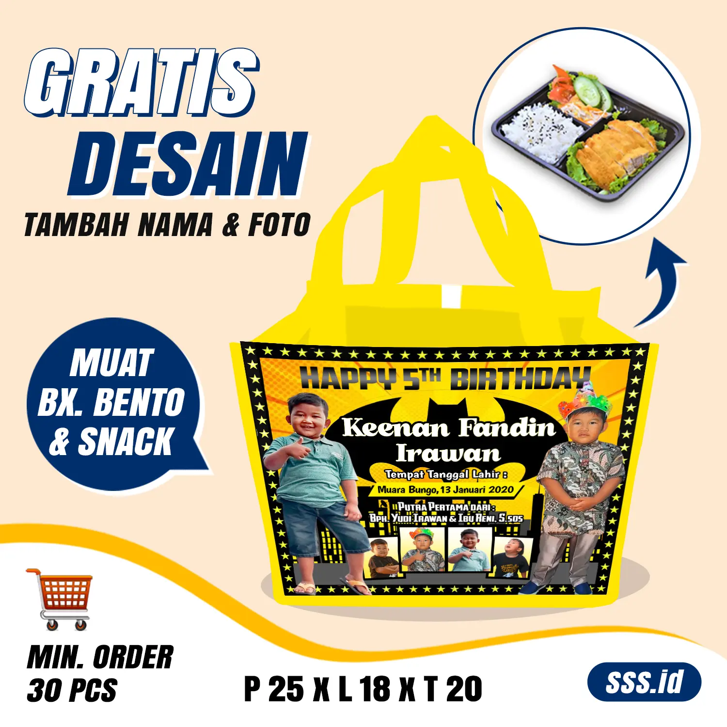 Tas Ulang Tahun Anak Karakter Custom Nama dan Foto - 30 pcs dan 35 pcs