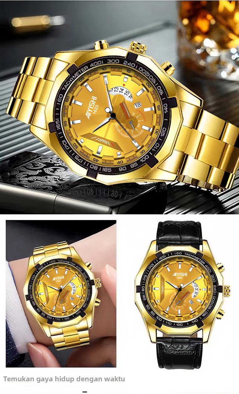 AIYISHI Jam Tangan Pria Mewah & Sporti 1623 Multifungsi Tahan Air 30M Dial Hitam Bodi Stainless Steel Garansi 2 Tahun Kaca Kristal Kuarsa Otomatis