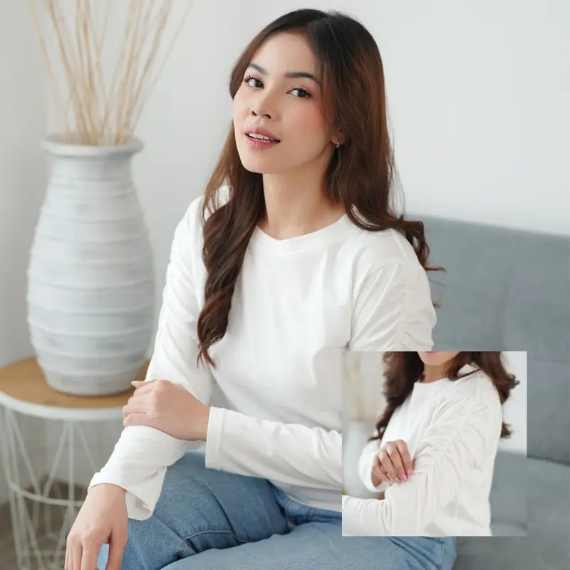 Atasan Wanita Kaos Lengan 7/8 Findri Top Kerut Samping Lengan Atas Feminine Style Cotton Combed Premium Size M L XL Basic Polos Elegant Casual Girly Outfit 8