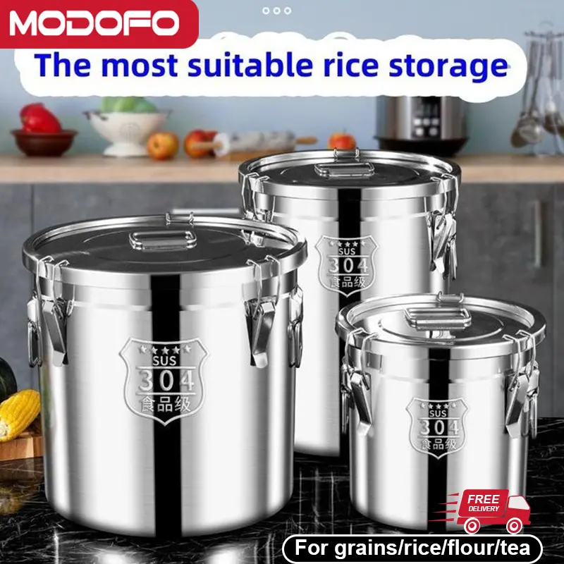 MODOFO【Thickened version】Household insect-proof rice bucket 304 stainless steel storage Soup bucket insulation container