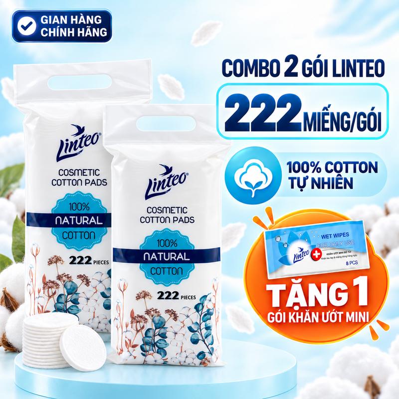 Combo 2 Gói Bông Tẩy Trang Linteo 222 Miếng | 100% Cotton Tự Nhiên | Không Xơ…