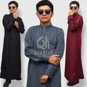 QUHAFAH - Jubah Gamis Pria As Syamil Slimfit Katun Emboss Premium Grade A Lengan Panjang Motif Vektor Kancing Snap & Risleting