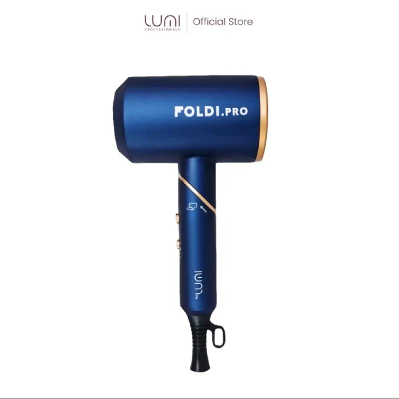 Hair Dryer Foldi Pro 1000w Original Biru by Lumi - Folding Handle, 2 Heat & 2 Speed, 3 Nozzle Design - Pengering 1