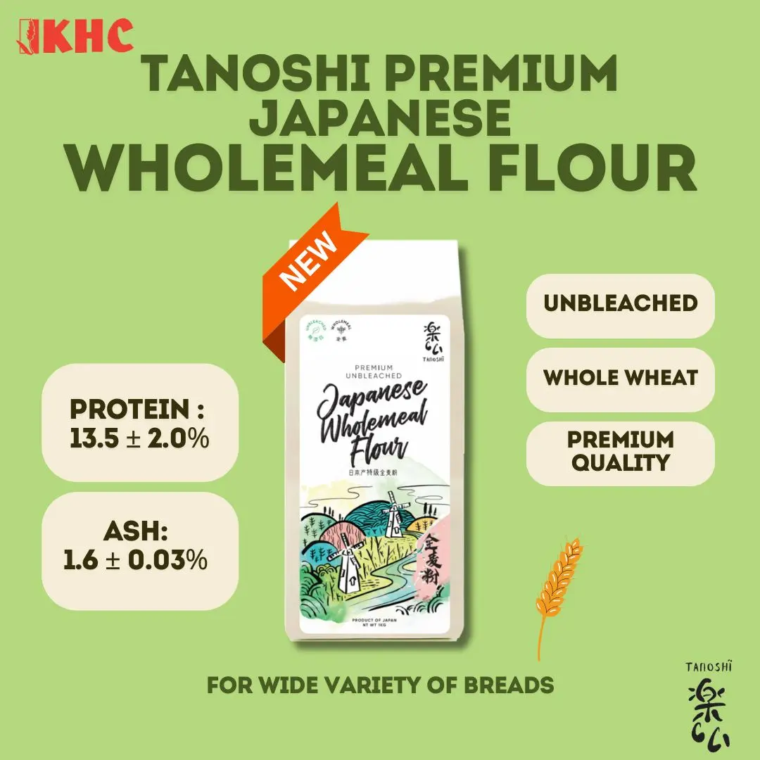 Tanoshi Premium Japanese Wholemeal Flour 1kg - High Protein & Whole Grain - Unbleached Baking Grain - Fiber