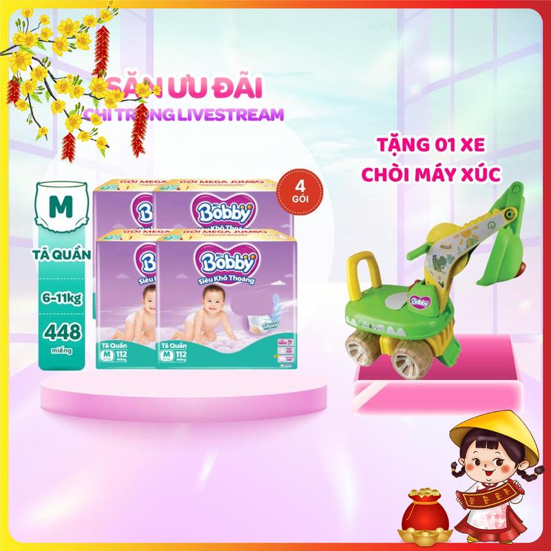   COMBO 4-TẶNG XE CHÒI MÁY XÚC  Bobby Tã bỉm quần M112 L96 XL84 XXL76 Siêu khô thoáng 
