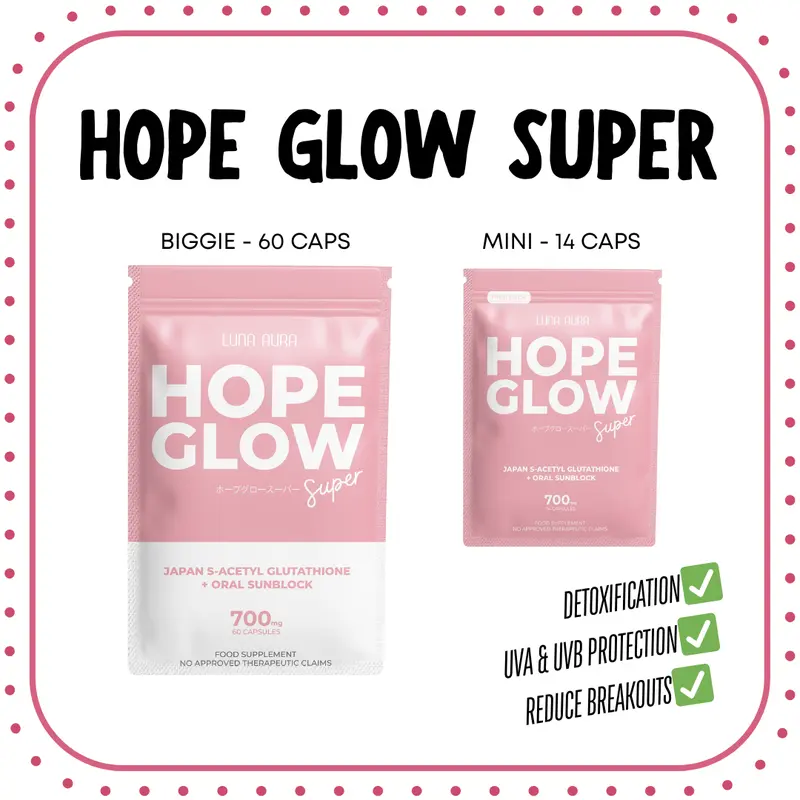 HOPE GLOW ALL PRODUCTS by Luna Aura Glutathione Beauty Supplement  FR-4000012190535 30 Capsules for Healthy Lifestyle Glowing Skin Healthcare  Fitness Edible Drink Melon Whitening - TikTok Shop Philippines