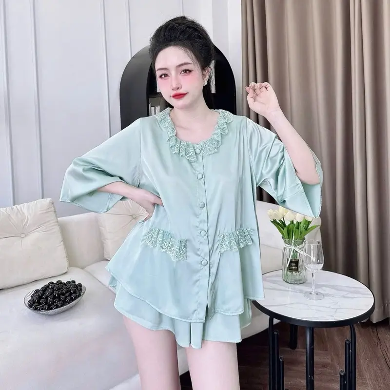 Set Đồ Ngủ Lụa Latin Tay Loe Viền Cổ Phối Ren , Quần Đùi Có Túi (45-75kg) Women 5