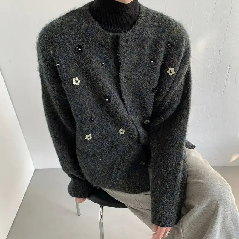 Áo Cardigan Len Dày, Dành Cho Nam Giới, Trọng Lượng Nặng, Cổ Tròn, Áo Khoác Len Dệt Kim, Thiết Kế Hoa Nhỏ Đính Cườm Thủ Công, Phong Cách Lười Biếng, Hàng Mới Về Năm 2025, Thích Hợp Cho Mùa Thu Và Mùa Xuân, Áo Khoác 0