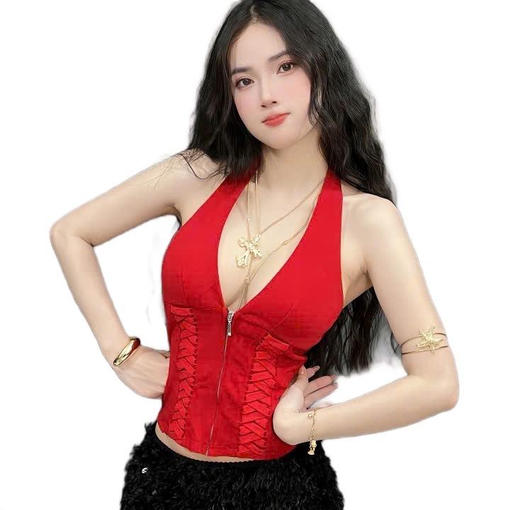 T9 - Áo JENNIE khoét cổ yếm phối dây thừng đan chéo ôm body hot slay có khóa kéo đỏ đen hở lưng trendy có mút đệm y2k