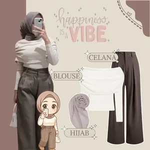 One Set Wanita Trendy l Baju  Atasan  Blouse -  Celana Knit -  Hijab Bella Square l Outfit 3 In 1 Kekinian - GO147