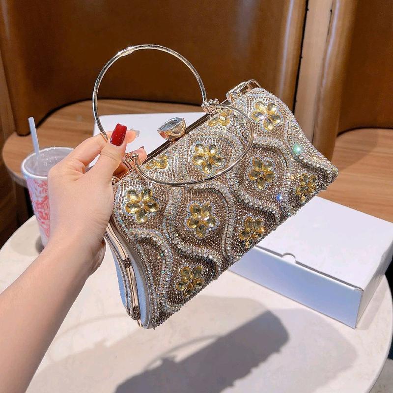 QC CAO CẤP Cốp Đi Tiệc Size 24cm Sóng Hoa Đá Quai Kiềng Đôi Túi Xách Nữ Đeo Chéo Women Bag Clutch Cầm Tay Kèm Dây Xích Làm Sui Đám Cưới Sang Trọng