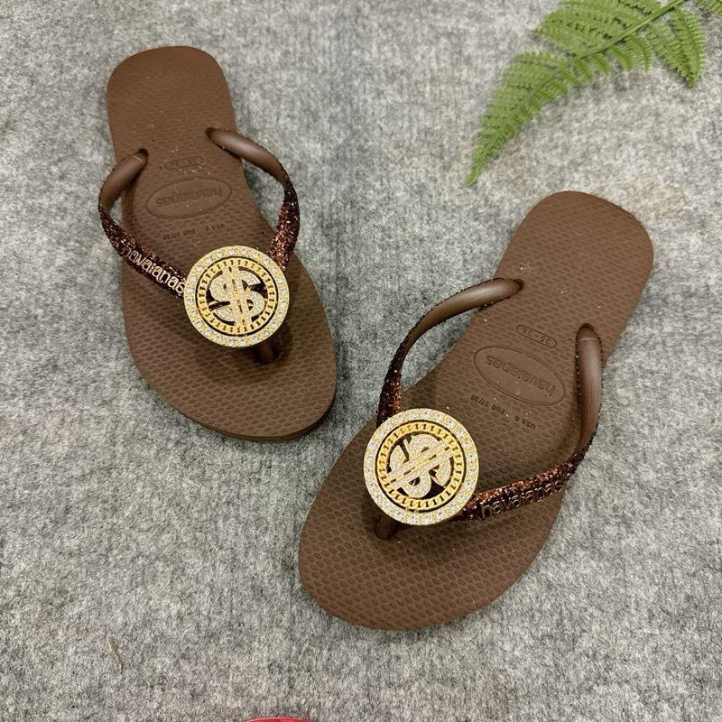  Havaianas - Dép Nữ Kim Tuyến Sợi Quai Kèm Charm Đồng Tiền Cao Su Êm Chân Lâm Trân. 
