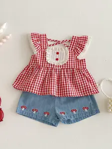 Setelan Anak Perempuan Fashionable Musim Panas | Two Pieces Set Summer Plaid Shirt Denim Short Korean Girls - A101