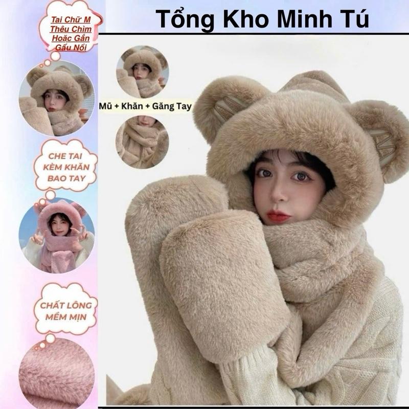Mũ Lông Cừu Kèm Khăn Tai Chữ M , Mũ Len Tai Gấu Trùm Đầu 3 In 1 Chất Đẹp Ấm Áp Có Chỗ Để Tay