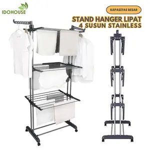 IDOHOUSE Stand Hanger 4 Susun Jemuran Baju Handuk Sepatu Plastik Serbaguna Rak Pakaian Pipa Stainless Steel Kokoh Kuat Anti Karat 2 Buah Penyangga B03A